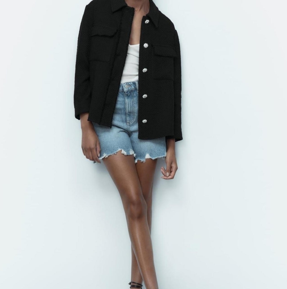 Zara Woven Textured Shirt Jacket with Jewel Crystal Buttons | XS | Black | EUC